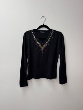Vintage Black Long Sleeve V-Neck Top with Beaded Detail